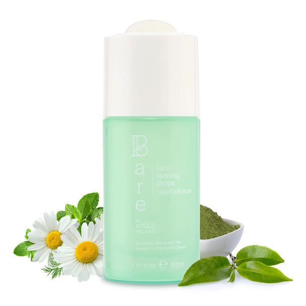 Bare By Vogue Face Tanning Drops - Light/Medium Customisable Sun-Kissed Glow - Infused with Green Tea Chamomile and Pomegranate Extract - For Smooth Hydrating & Radiant Skin (30ml)