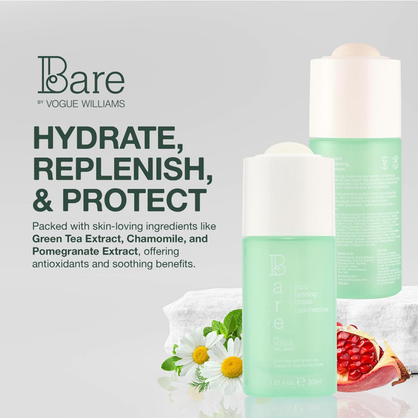 Bare By Vogue Face Tanning Drops - Light/Medium Customisable Sun-Kissed Glow - Infused with Green Tea Chamomile and Pomegranate Extract - For Smooth Hydrating & Radiant Skin (30ml)