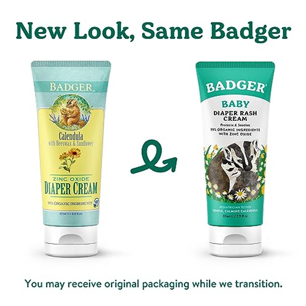Badger Diaper Cream 99% Organic Diaper Rash Cream For Baby Zinc Oxide Ointment W/Soothing Calendula Cream For Sensitive Baby Skin 2.9 Fl Oz
