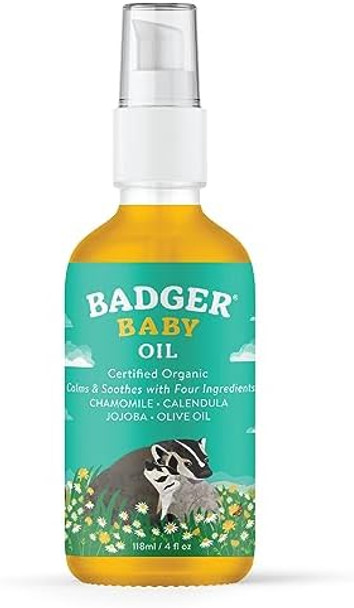 Badger Baby Oil 100% Organic Ingredients To Soften & Moisturize Dry Skin Or Cradle Cap Soothing Vegan Organic Baby Oil 4 Fl Oz Bottle