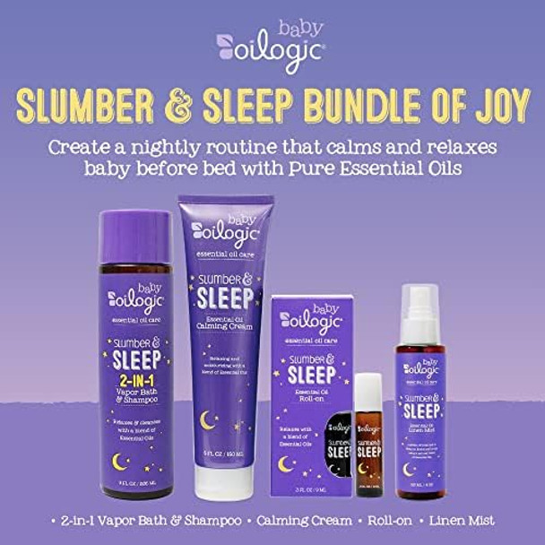 Oilogic Baby Essentials - Baby Bath - Slumber & Sleep Set 4-Pack - Roll-On Essential Oil 3 Oz Calming Cream Vapor Bath & Linen Mist - Made With Lavender And Chamomile Essential Oil