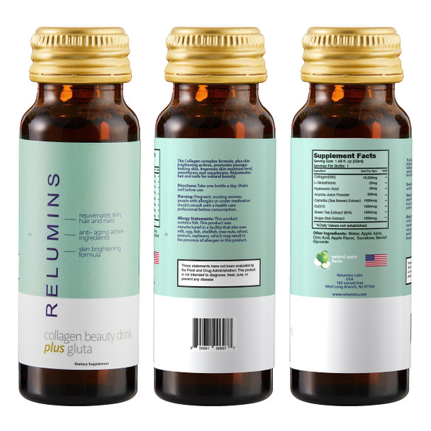 Relumins Advance Rejuvenating Collagen Beauty Drink with Glutathione, Hyaluronic, CoQ10, EGCG, Resveratrol & More - Fight Signs of Aging with All-Natural Ingredients - Apple Flavor- Ten 50mL Drinks