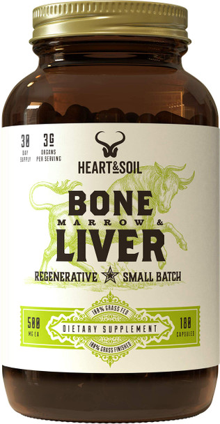 HEART & SOIL - Grass-Fed Bone Marrow and Beef Liver Supplement – 3000mg Desiccated Organ Blend for Mood Bone Joint Tissue Skin Health - Non-GMO Allergen-Free – 180 Capsules