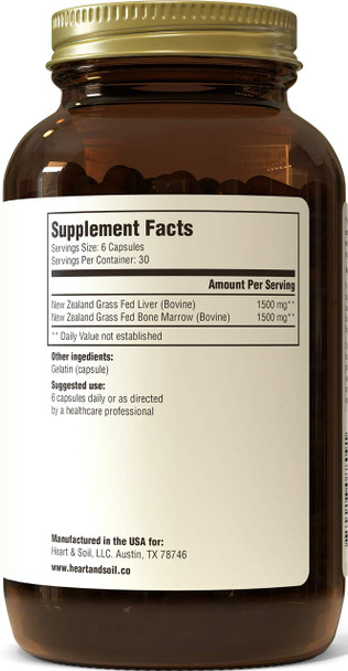 HEART & SOIL - Grass-Fed Bone Marrow and Beef Liver Supplement – 3000mg Desiccated Organ Blend for Mood Bone Joint Tissue Skin Health - Non-GMO Allergen-Free – 180 Capsules