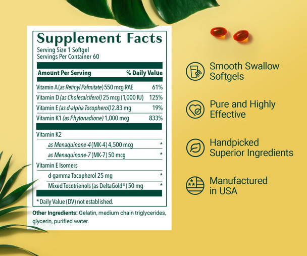 ALGAECAL 4-in-1 Vitamin D3 K2 Complete - ADK Vitamin Supplement Enhanced Immune Support & Bone Health with D3 K2 A & E - Whole Body Wellness & Bone Strength 60 Easy-Swallow Softgels Made in USA