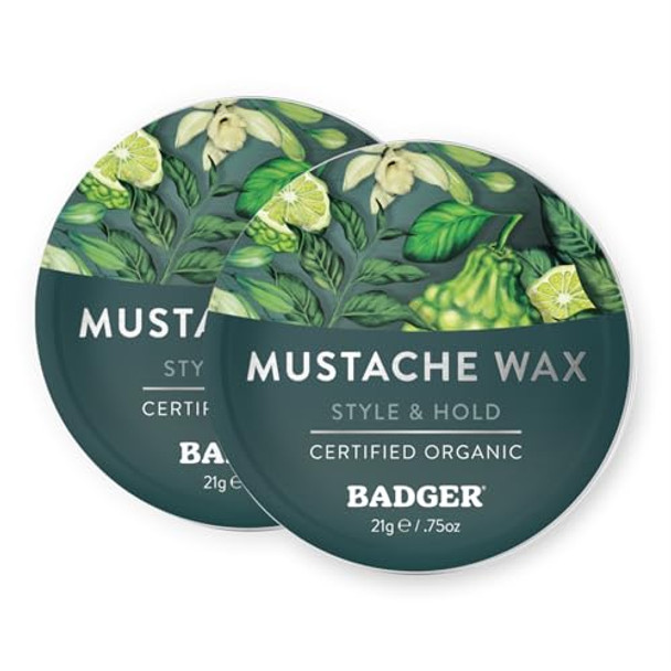 Badger Mustache Wax Medium Hold Light Masculine Scent Easy To Apply Organic Versatile Moustache & Beard Wax .75 Oz Tin 2-Pack