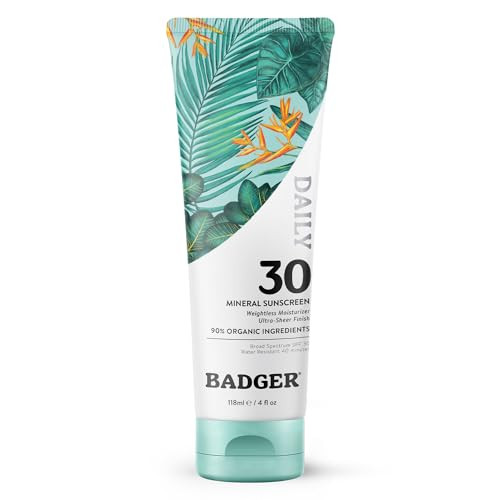 Badger Mineral Daily Sunscreen With Zinc Oxide Spf 30 Larger Tube Lightweight & Easy To Apply W/No White Cast Organi Reef Safe Vegan Unscented 4 Fl Oz