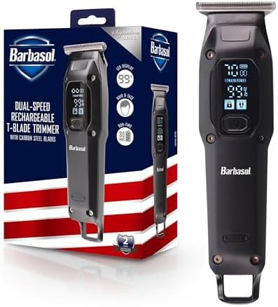 Barbasol T-Blade Trimmer Rechargeable T-Outliner Hair & Beard Trimmer For Men Dual Speed Hair Trimmer With 6 Clipper Guide Combs Led Display Clipper Oil Brush & Travel Bag Black
