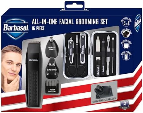 Barbasol Grooming Kit For Men 16 Piece Men’S Grooming And Manicure Travel Set Includes Trimmer Clippers 5 Position Clipper Guards Nose & Ear Trimmer Manicure And Pedicure Kits And More Black