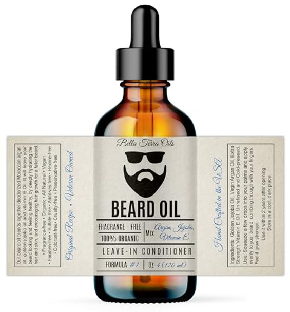 Bella Terra Oils - Beard Oil 4Oz - Crafted With Genuine Natural Organic Vitamin E Organic Jojoba & Argan Classic Anti-Friz Formula Elevating Beard Luster & Care