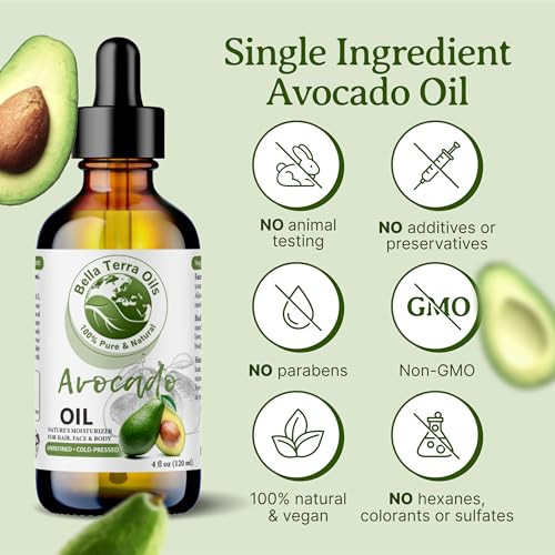 Bella Terra Oils - Avocado Oil 4Oz - Pure Essence Of Cold-Pressed Avocado Boosted With Vitamin A Impeccable For Mixing And Blending