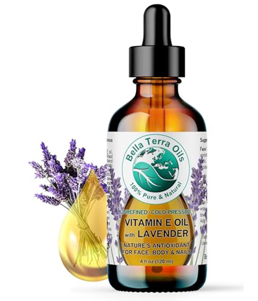 Bella Terra Oils - Lavender Infused Organic Vitamin E Oil 4 Oz - D-Alpha Tocopherol Powerhouse Extracted From Organic Wheat Germ Lavishly Nourishing Organic Vitamin E For Luxurious Skin