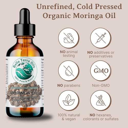 Bella Terra Oils - Organic Moringa Oil 16 Oz - Cold-Pressed Mastery Packed With Vitamins & Antioxidants Impeccable For Natural Skin Nourishment
