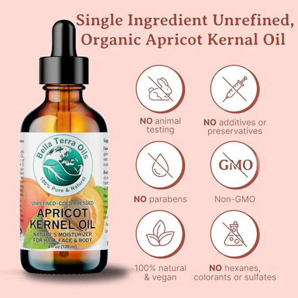 Bella Terra Oils - Organic Apricot Kernel Oil 4 Oz - Pure Organic Apricot Essence Abundant In Linoleic & Oleic Acid A Luxurious Carrier Oil For Essential Oils