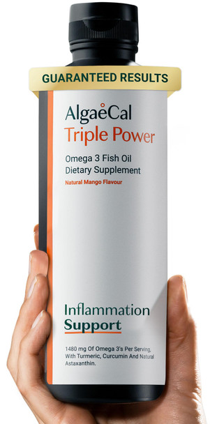 ALGAECAL Triple Power 1200mg EPA & DHA Omega 3 Fish Oil Supplement Supporting Brain Heart Skin & Bones Liquid Emulsion Mango Taste Burp-Less Sugar-Free Made in USA