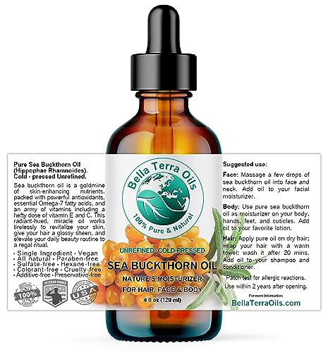 Bella Terra Oils - Sea Buckthorn Oil 4 Oz - Unlock The Gold Standard In Skincare Infused With Omega-3 Omega-6 & Carotenoids Elevate Your Cosmetic Routine