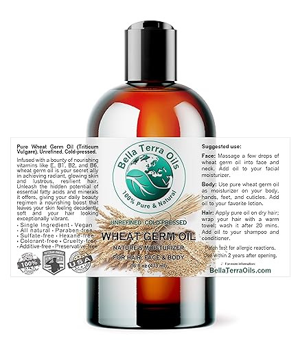 Bella Terra Oils - Organic Wheat Germ Oil 8 Oz - Premier Vitamin E Oil For Face Unveiling Beauty With Vitamin C Natural Source Of Vitamin E For Skin Care