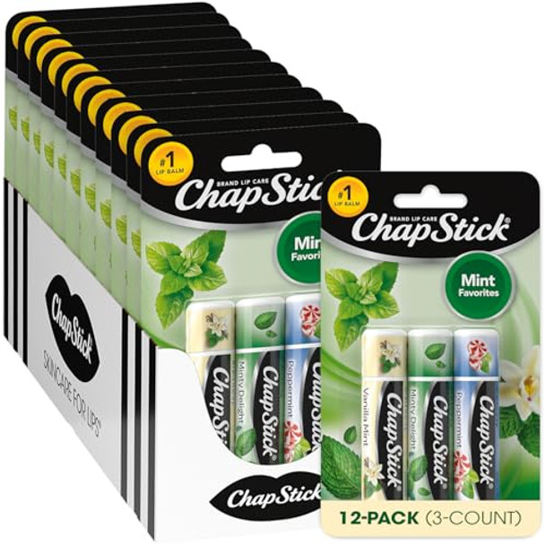 Chapstick Bulk Lip Balm Mint Favorites 3-Packs (12 Sets/36 Tubes) – Fresh & Invigorating Lip Care Birthday s Party Favors Stocking Stuffers 0.15 Oz Ea