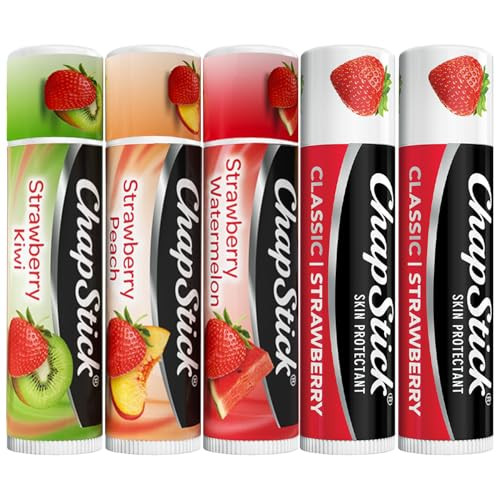 Chapstick Strawberry Lip Balm 5-Pack – Remix 3-Pack + Original 2-Pack Sweet & Fruity Moisturizers For Dry Lips 0.15 Oz Ea