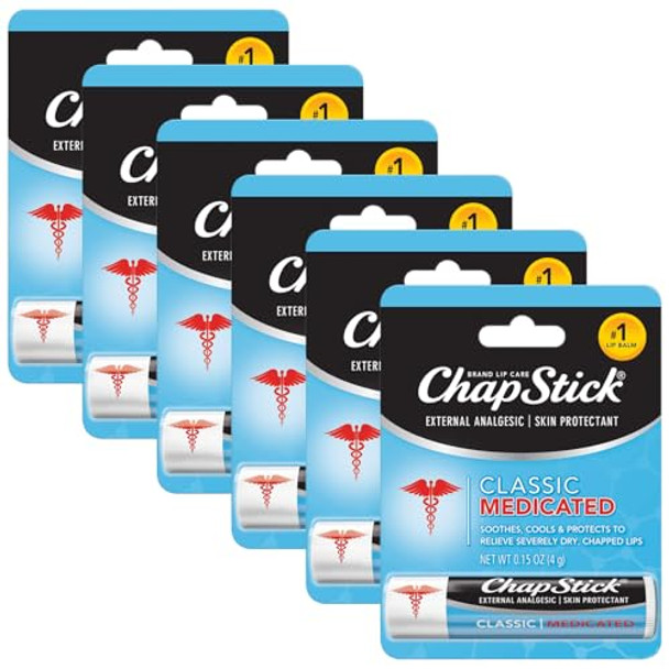 Chapstick Classic Medicated Lip Balm 6-Pack – External Analgesic Skin Protectant For Dry Lips & Cold Sore Pain Relief 0.15 Oz Ea