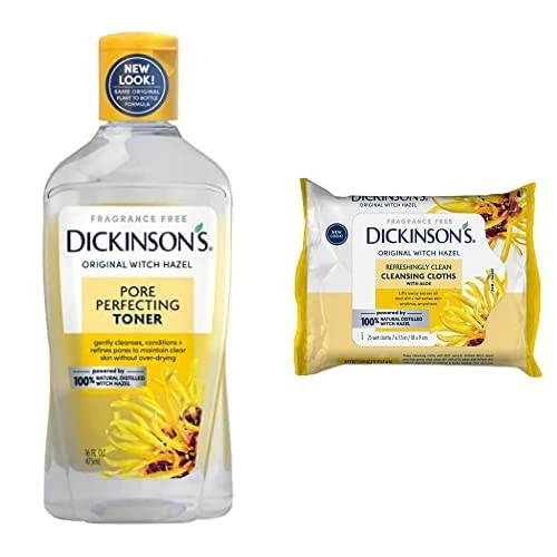 Dickinson'S Witch Hazel Toner & Cleansing Cloth Bundle: Original Witch Hazel Pore Perfecting Toner (1-16 Fl. Oz Bottle) Original Refreshingly Clean Daily Cleansing Cloths (25 Count1 Pack)