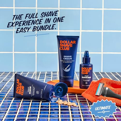 Dollar Shave Club Ultimate Shave Set 4 Extra Close Refill Cartridges 1 Handle 1 Prep Scrub 3 Ounce 1 Shave Cream 6 Ounce 1 Post Shave Dew 3.4 Ounce
