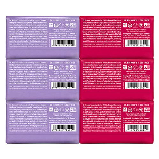 Dr. Bronner'S - Pure-Castile Bar Soap Rose 5 Ounce (3) And Lavender 5 Ounce (3) - Made With Organic Oils For Face Body And Hair Gentle And Moisturizing Biodegradable Vegan Cruelty- Non-Gmo