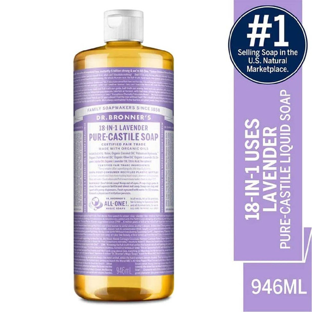 Dr. Bronner'S - Pure-Castile Liquid Soap (Lavender 32 Ounce) - Made With Organic Oils 18-In-1 Uses: Face Body Hair Laundry Pets & Dishes Vegan