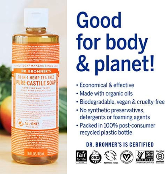 Dr. Bronner'S - Pure-Castile Liquid Soap (Tea Tree 16 Ounce) - Made With Organic Oils 18-In-1 Uses: Acne-Prone Skin Dandruff Laundry Pets And Dishes Concentrated Vegan Non-Gmo