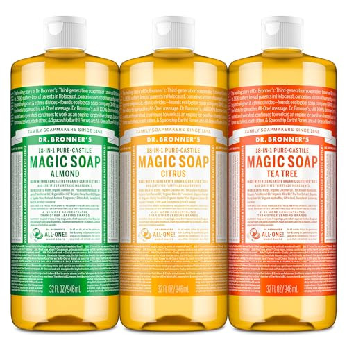 Dr. Bronner'S Pure-Castile Magic Liquid Soap – Made With Organic Oils 32 Oz (3-Pack) Almond Citrus Tea Tree Body Wash Face Soap Dish Soap Laundry Pet Wash Multi-Purpose Natural Soap