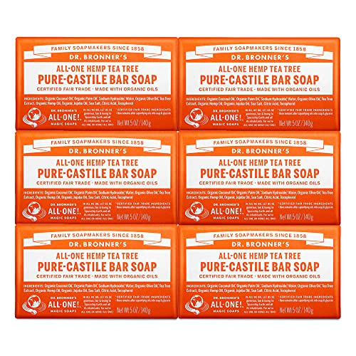 Dr. Bronner'S - Pure-Castile Bar Soap (Tea Tree 5 Ounce 6-Pack) - Made With Organic Oils For Face Body Hair & Dandruff Gentle On Acne-Prone Skin Biodegradable Vegan Non-Gmo