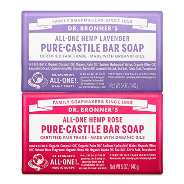 Dr. Bronner'S - Pure-Castile Bar Soap (2-Pack Bundle Rose & Lavender) - Made With Organic Oils For Face Body And Hair Gentle And Moisturizing Biodegradable Vegan Cruelty- Non-Gmo
