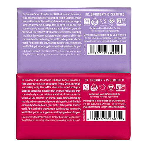 Dr. Bronner'S - Pure-Castile Bar Soap (2-Pack Bundle Rose & Lavender) - Made With Organic Oils For Face Body And Hair Gentle And Moisturizing Biodegradable Vegan Cruelty- Non-Gmo