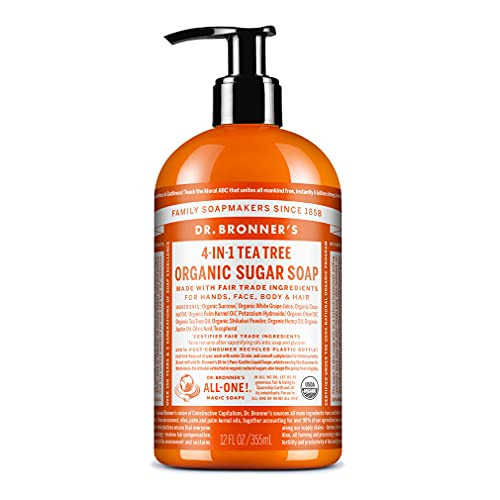 Dr. Bronner's - Organic Sugar Soap (Peppermint 12 oz) - Made with Organic Oils Sugar & Shikakai Powder 4-in-1 Uses: Hands Body Face & Hair Cleanses Moisturizes & Nourishes Vegan Non-GMO