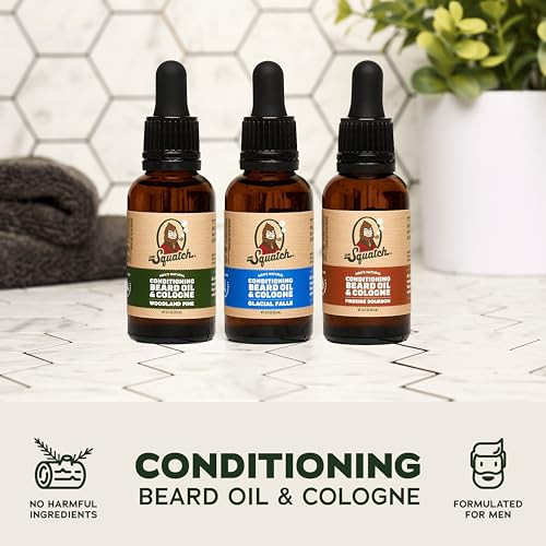 Dr. Squatch Conditioning Beard Oil & Cologne 3 Pack - Natural Men'S Beard Oil Pack - Nourish & Moisturize - Long Lasting Scent - Fireside Bourbon Glacial Falls Woodland Pine