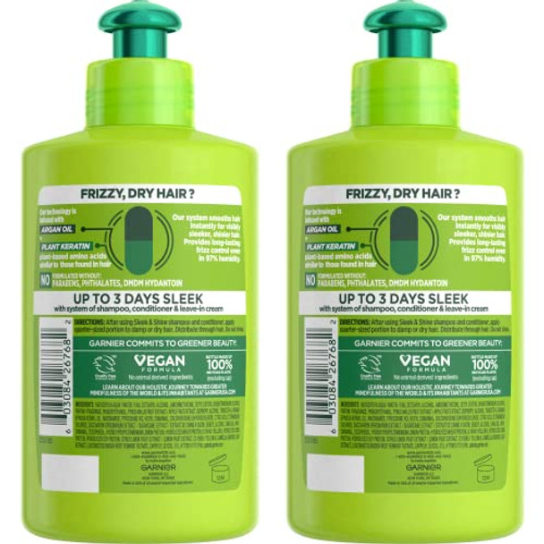 Garnier Fructis Sleek & Shine Leave-In Conditioning Cream For Frizzy Dry Hair Plant Keratin + Argan Oil 10.2 Fl Oz 2 Count (Packaging May Vary)