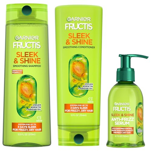 Garnier Fructis Sleek & Shine Shampoo Conditioner + Anti-Frizz Serum Set For Frizzy Dry Hair Argan Oil (3 Items) 1 Kit (Packaging May Vary)