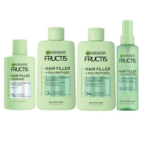 Garnier Fructis Hair Filler Bonding Pre-Shampoo + Fullness Repair Shampoo Conditioner + Thickeing Spray Set With Polypeptides (4 Items) 1 Kit