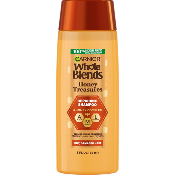 Garnier Whole Blends Honey Treasures Repairing Shampoo, for Dry, Damaged Hair, 3 Fl Oz Travel Size 1 Count (Packaging May Vary)