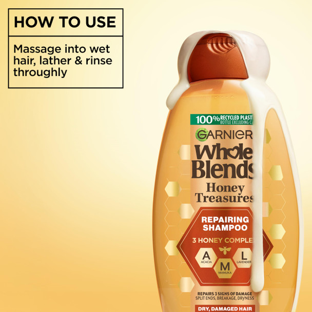 Garnier Whole Blends Honey Treasures Repairing Shampoo, for Dry, Damaged Hair, 3 Fl Oz Travel Size 1 Count (Packaging May Vary)