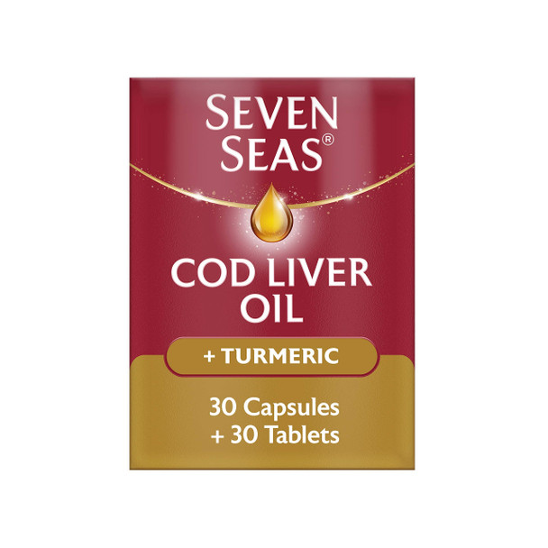 Cod Liver Oil Plus Turmeric By Seven Seas, Omega-3 Supplement Supporting Brain, Heart, Vision, With Vitamin D, Plus Turmeric, 30 Capsules + 30 Tablets