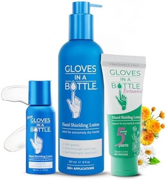 Gloves In A Bottle Non-Greasy Hand Cream – Silicone Glove Cream – Water Resistant Barrier Lotion Dry Cracked Hands – Relief For Eczema (Original 8 Oz Pump + Botanical Tube + 2 Oz)
