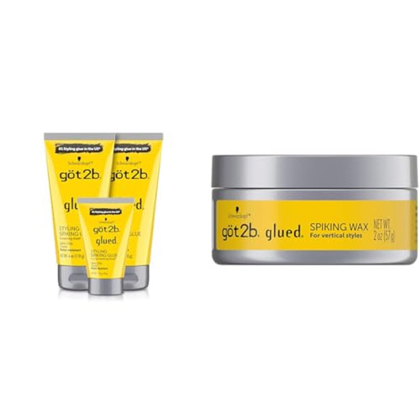 Got2B Glued Styling Hair Gel With Fierce Holding Power - 2-6 Oz Tubes 1 Travel Tube 1.25 Oz & Hair Wax 2 Oz