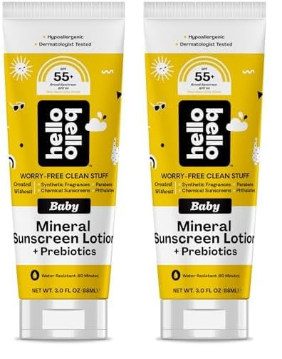Hello Bello Mineral Spf 55+ Sunscreen Lotion With Prebiotics I Water Resistant And Reef Friendly Sun Protection For Babies And Kids I 3 Fl Oz (Pack Of 2)