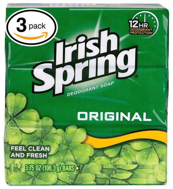 Irish Spring (Pack Of 3 Bars) Irish Spring Original Scent Bar Soap For Men& Women. 12-Hour Odor / Deodorant Protection For Healthy Feeling Skin. Great For Hands Face & Body (3 Bars 3.75Oz Each Bar)