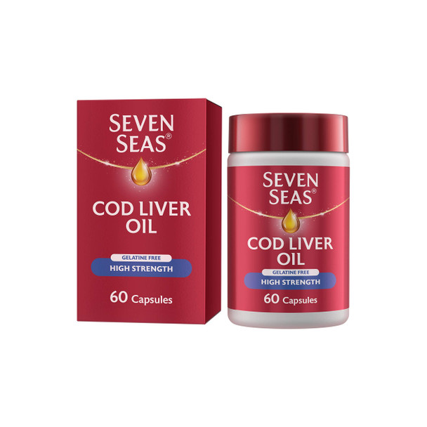 Cod Liver Oil High Strength Gelatine Free by Seven Seas, Omega-3 Supplement Supporting Brain, Heart, Vision, & Vitamin D for Immune System & Bones, 60 Capsules