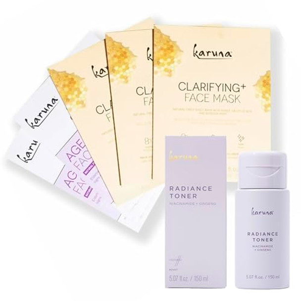 Karuna Age-Defying + Clarifying Sheet Masks (5-Pack) & Radiance Face Toner (150 Ml) – Brightening + Refining Skincare Set For Smooth Balanced Skin