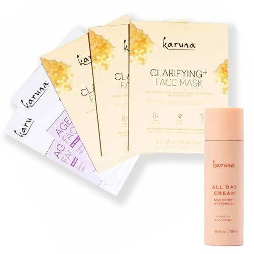 Karuna Age-Defying & Clarifying+ Sheet Mask (5-Pack) + All Day Cream (50 Ml) Hydrating & Targeted Skincare Duo For Radiant Balanced Skin