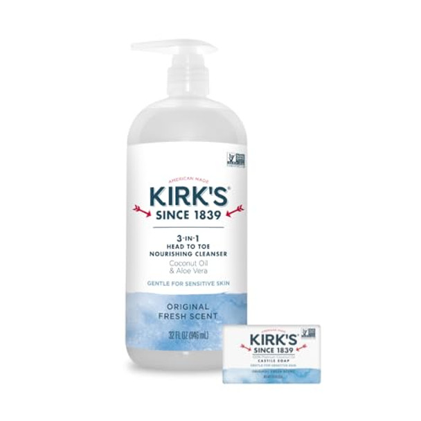 Kirk'S 3-In-1 Head To Toe Nourishing Liquid Cleanser & Travel Size Bar Soap - For Men Women & Children - Premium Coconut Oil And Aloe Vera- Non Gmo & Vegan -Original Fresh Scent - 32 Fl Oz. 2 Pack