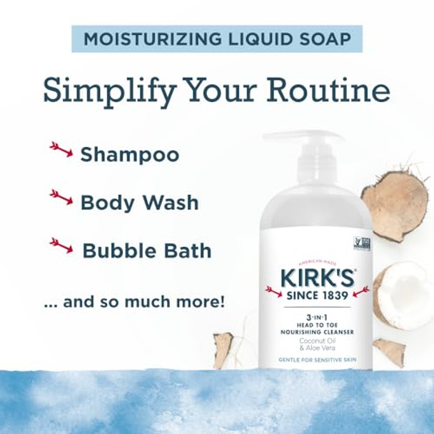 Kirk'S 3-In-1 Head To Toe Nourishing Liquid Cleanser & Travel Size Bar Soap - For Men Women & Children - Premium Coconut Oil And Aloe Vera- Non Gmo & Vegan -Original Fresh Scent - 32 Fl Oz. 2 Pack